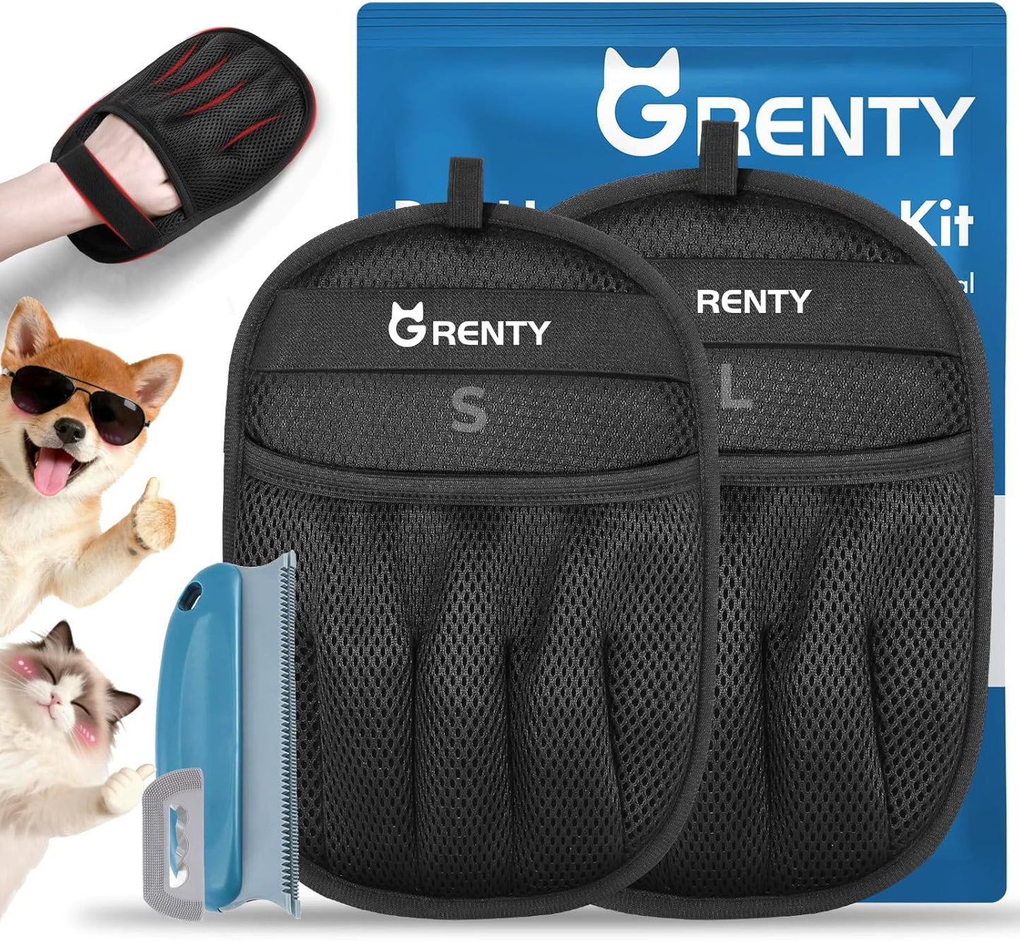 GRENTY 2 PCS Pet Hair Removal Glove for Dogs & Cats, Upgraded Five-Finger Electrostatic Magic Brush Pet Hair Remover, Pet Hair Removal Tools for Clothing, Carpet, Sofa Gaps, Car Seat