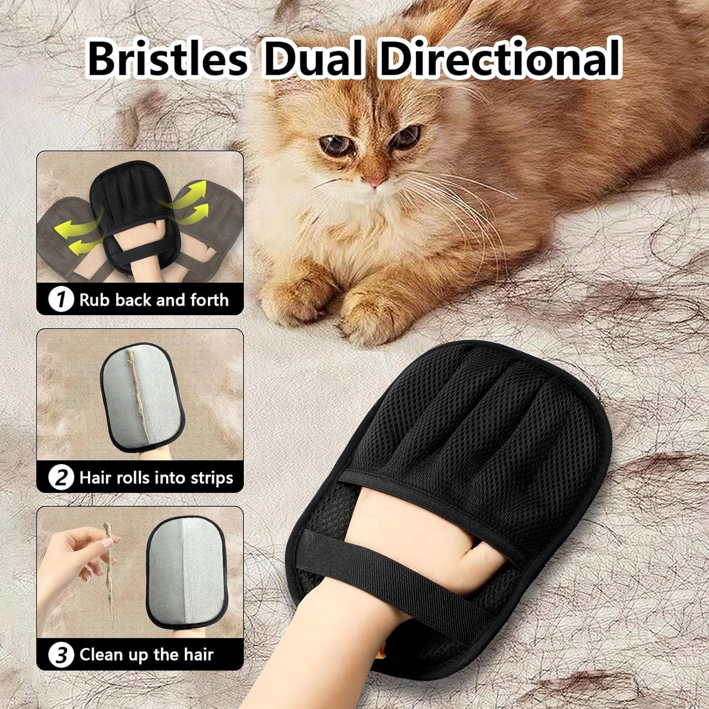 Upgraded Pet Hair Removal Gloves for Cats & Dogs, Five-Finger Electrostatic Reusable Magic Brush for Effortless Pet Hair Remover Tool on Carpet, Clothing, Laundry, Couch, Car Seat (Black)