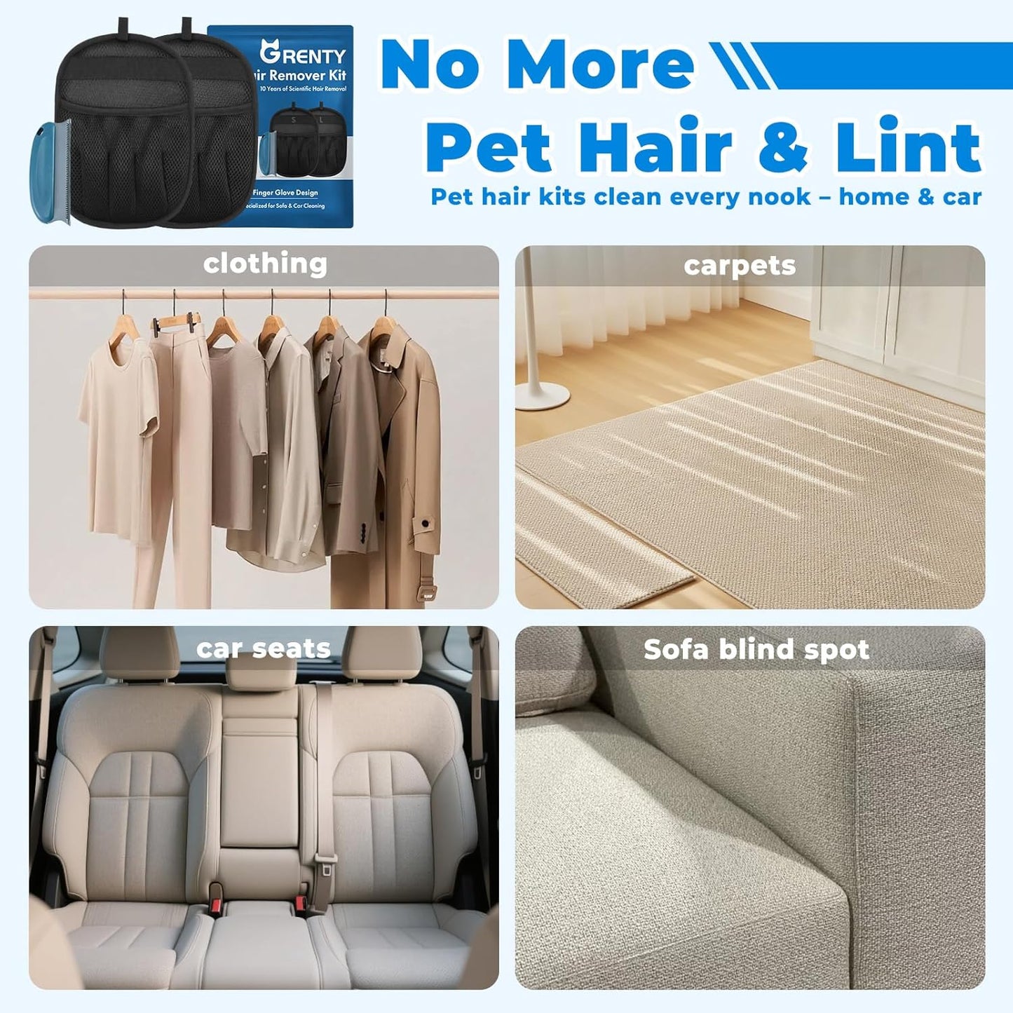 GRENTY 2 PCS Pet Hair Removal Glove for Dogs & Cats, Upgraded Five-Finger Electrostatic Magic Brush Pet Hair Remover, Pet Hair Removal Tools for Clothing, Carpet, Sofa Gaps, Car Seat